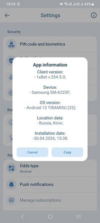 Technical information about the 1xBet app for Android